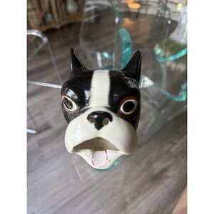 Vintage Boston Terrier Dog Head Ashtray Ceramic Figural Black White MCM